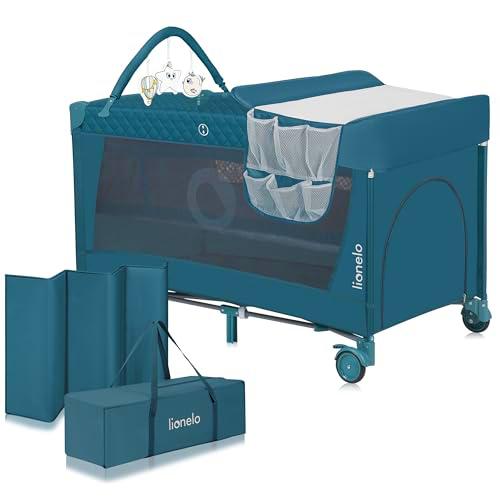 lionelo Flower Camita de Viaje 4 en 1 65 x 125 x 76 cm para niños hasta 15 kg Colchón Organizador Cambiador Toy Bar Juguetes interactivos 2 Reudas Compacta Bolsa (Green Turquoise)