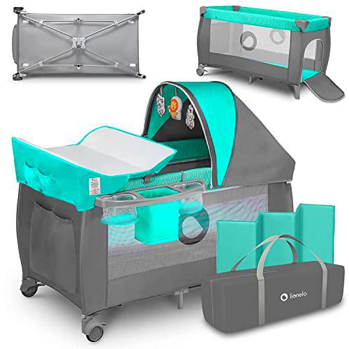 lionelo Sven Plus Cuna de Viaje para bebés 0-36M para niños hasta 15 kg Función de Cambiador Mosquitero Apertura Lateral con Cremallera Ajuste de Altura (Gris y Turquesa)